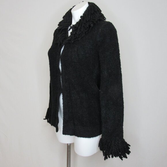 Free People Black Boucle Fringe Cardigan Sweater Hidden Hook Women's M Medium - Picture 2 of 9
